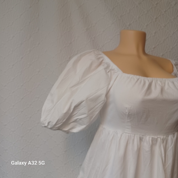 SIM Y SAM Women Size M Elegant White Puff Sleeve Dress100% Cotton Lining - Picture 6 of 13